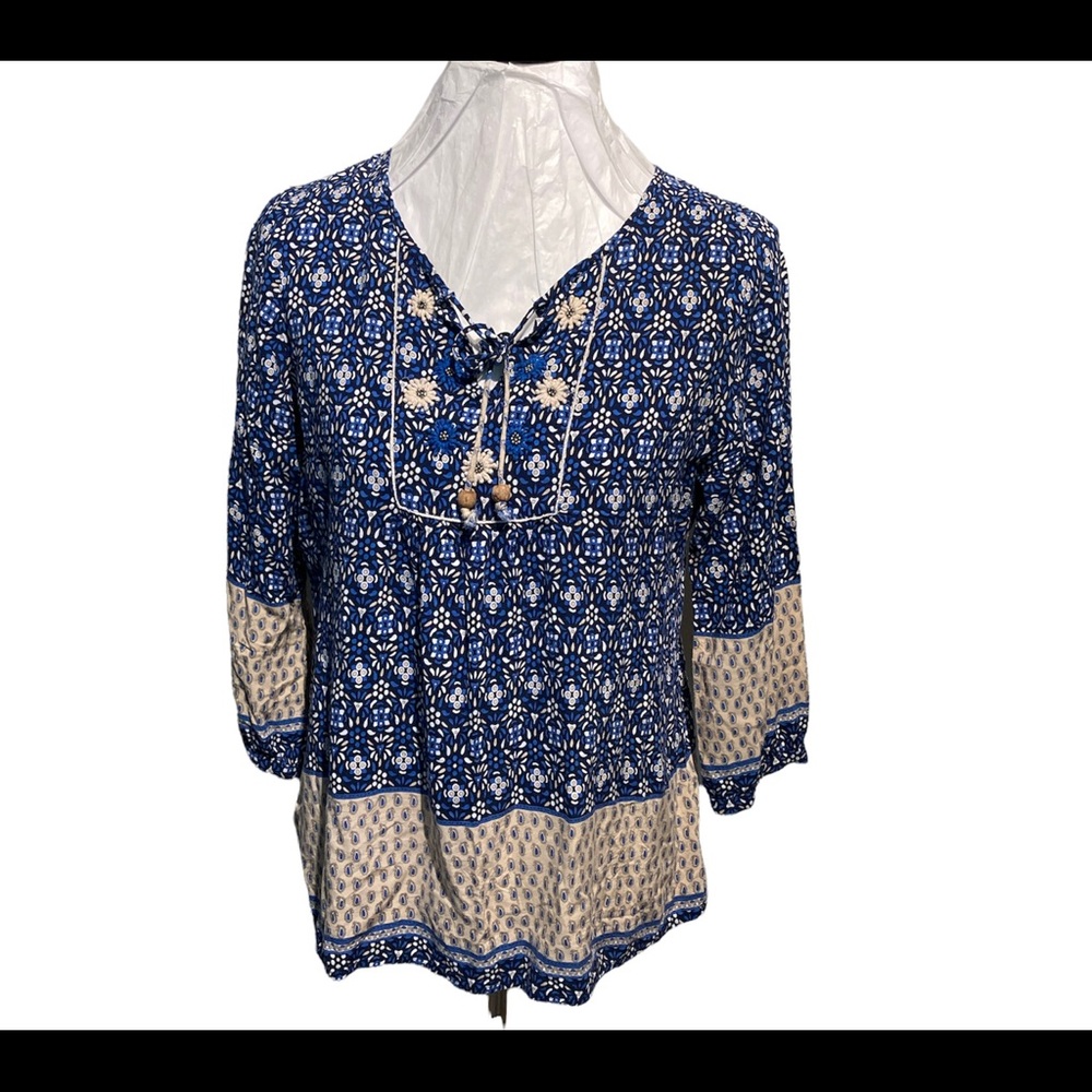 - - Gipsy bohemian floral blouse top navy cream  front closure tassel size…
